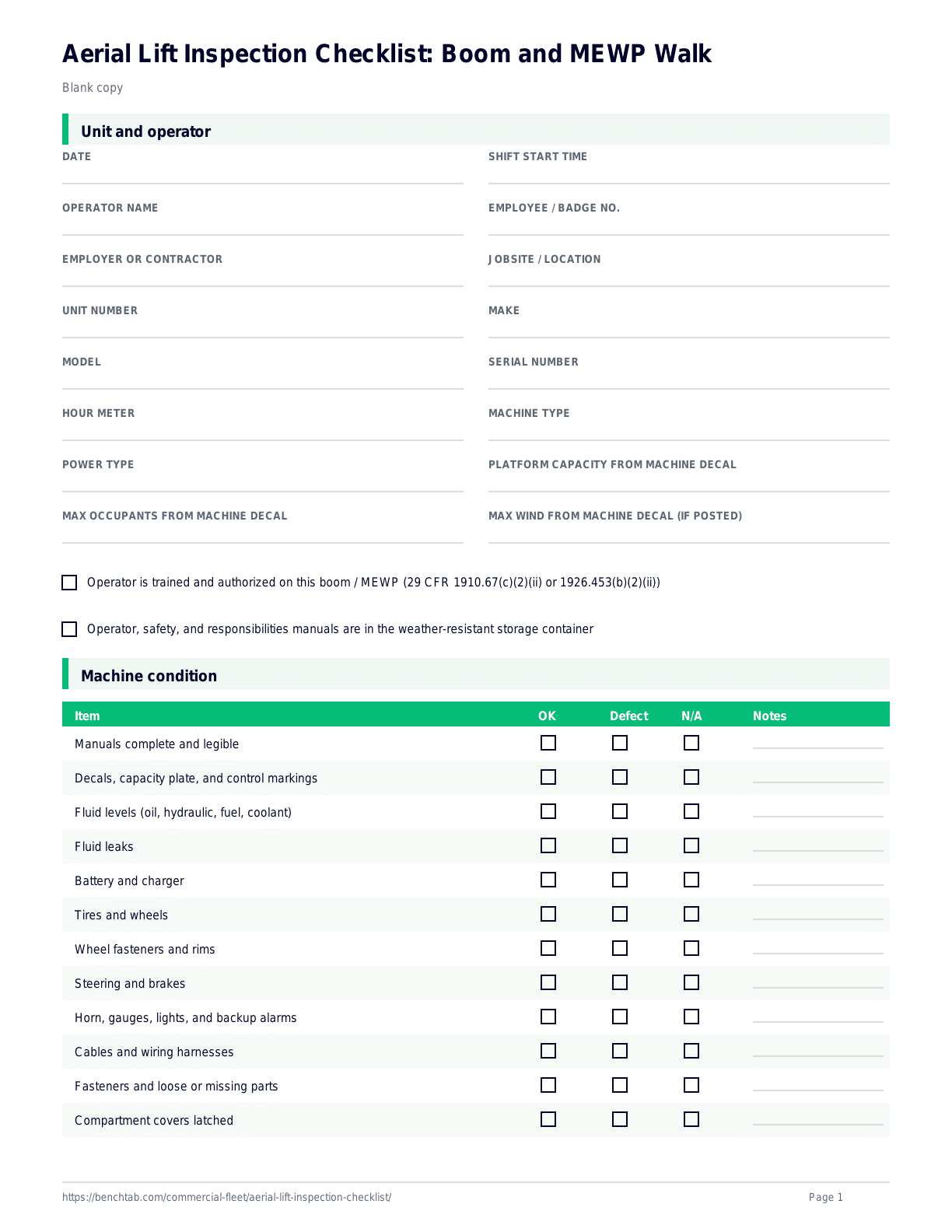 Page 1 preview of boom-supported aerial lift MEWP pre-use inspection checklist
