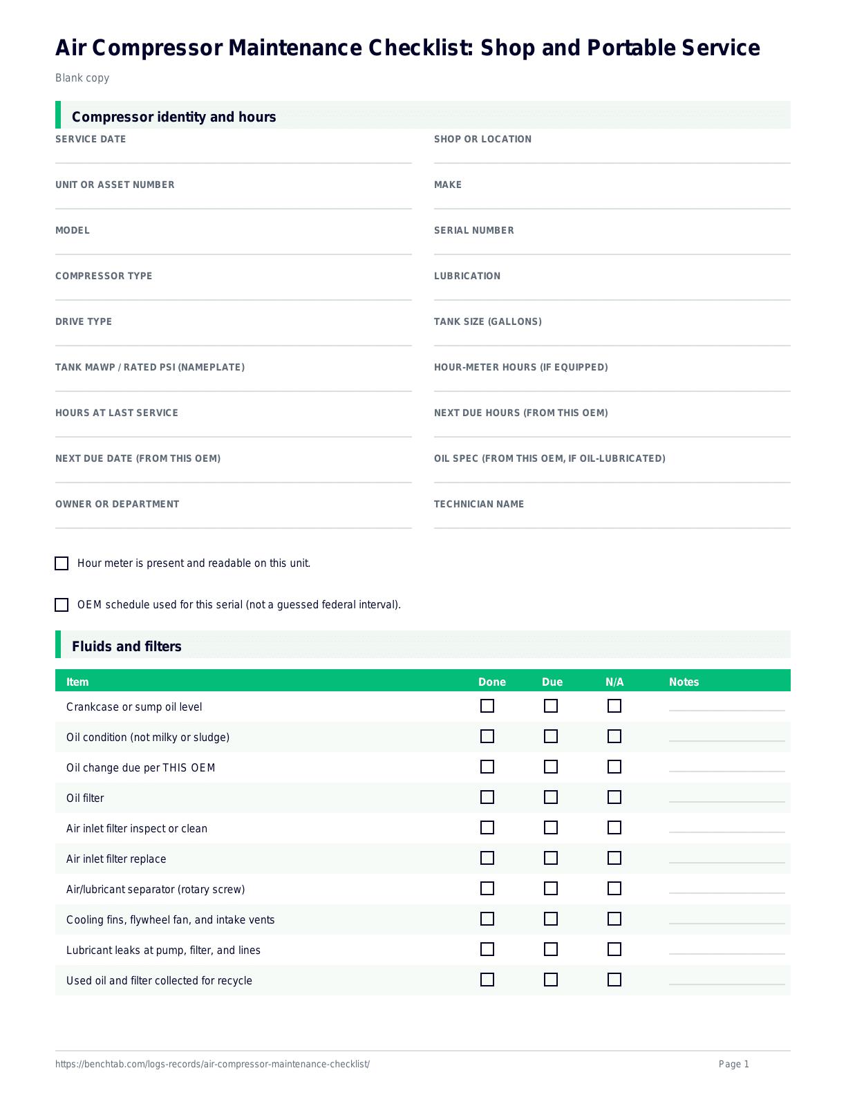 Air Compressor Maintenance Checklist: Shop and Portable Service blank checklist