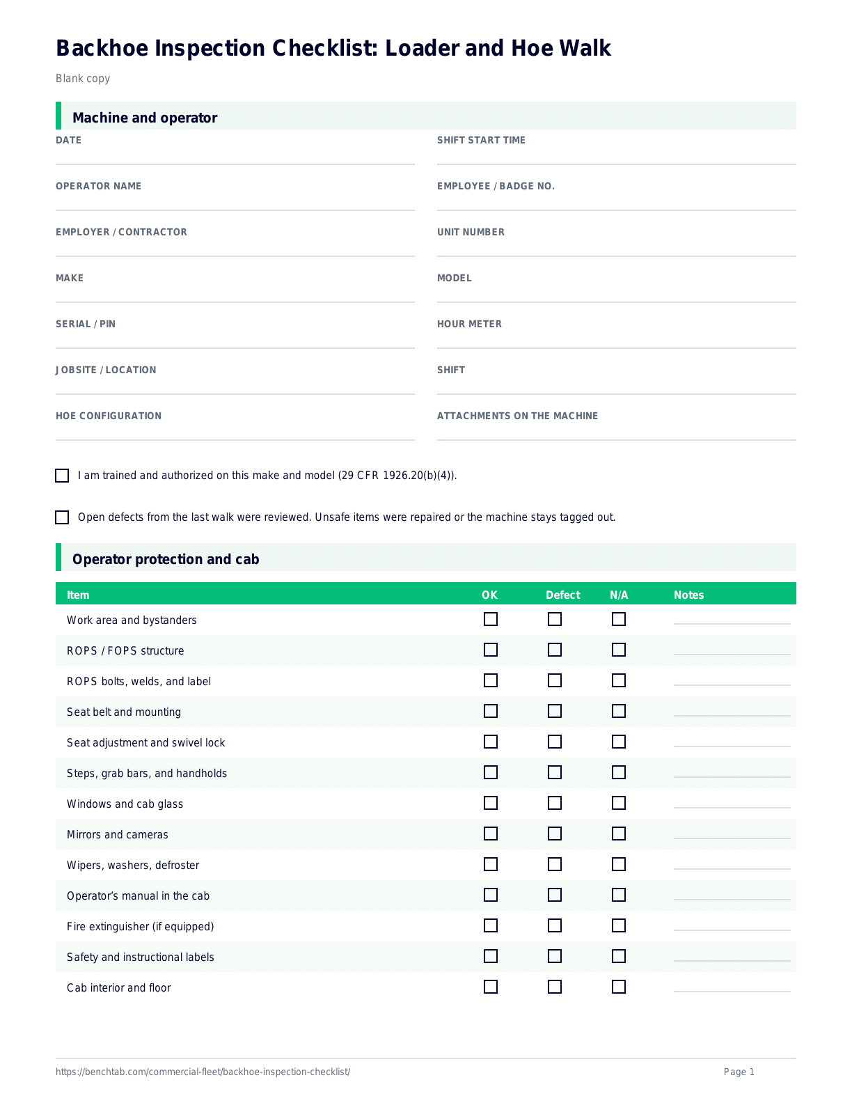 Backhoe Inspection Checklist: Loader and Hoe Walk blank checklist
