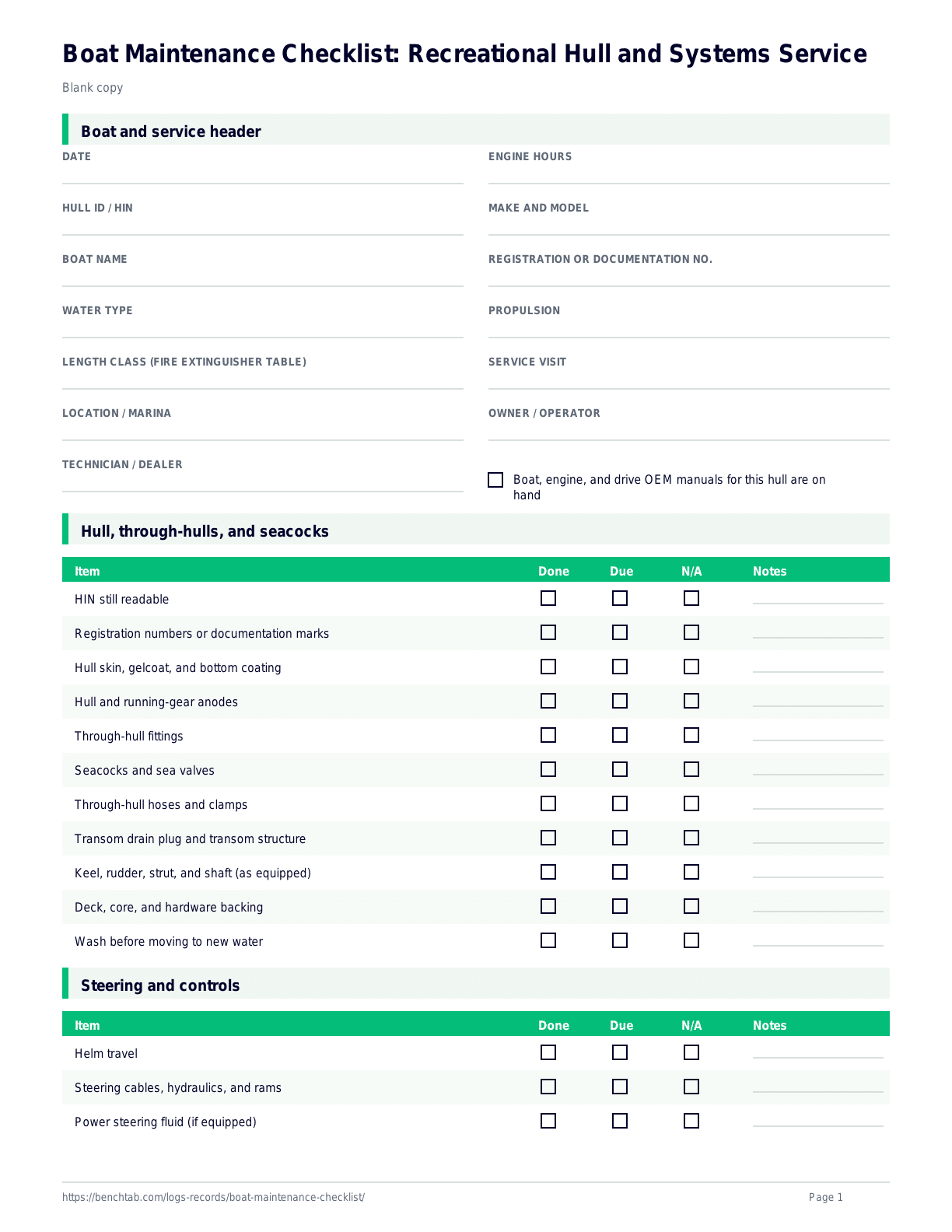 Boat Maintenance Checklist: Recreational Hull and Systems Service blank checklist