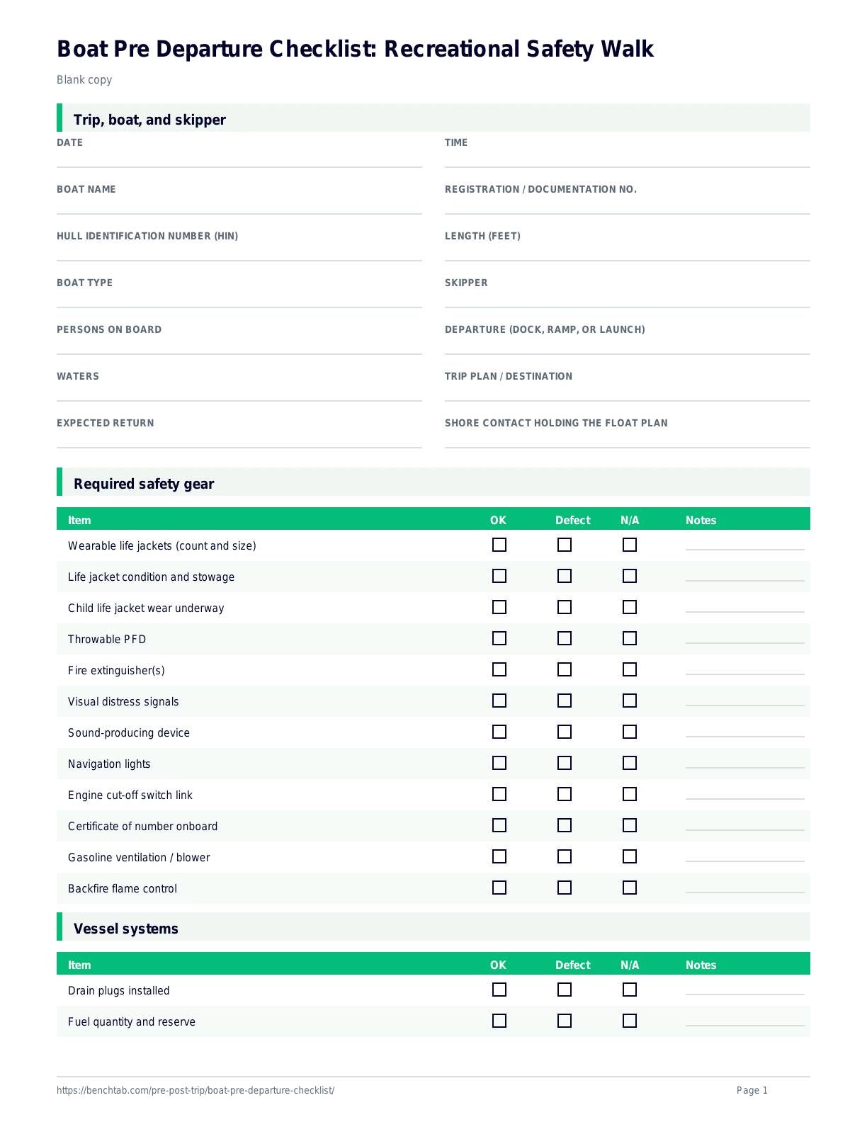 Boat Pre Departure Checklist: Recreational Safety Walk blank checklist