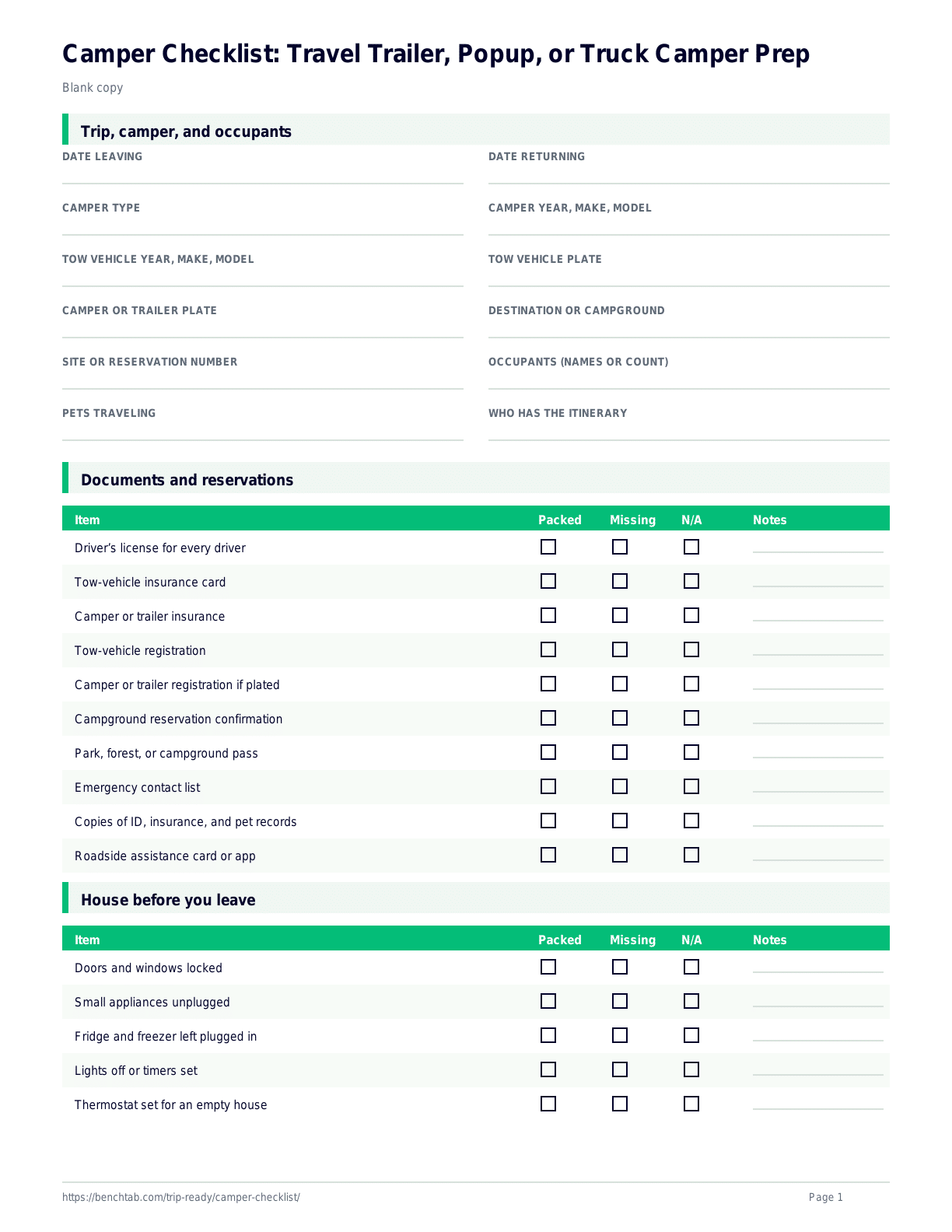 Camper Checklist: Travel Trailer, Popup, or Truck Camper Prep blank checklist