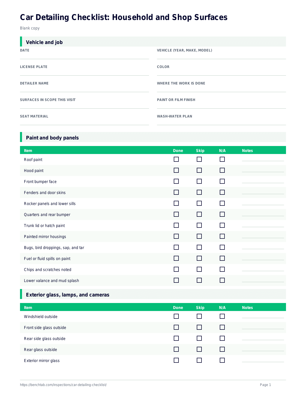 Car Detailing Checklist: Household and Shop Surfaces blank checklist