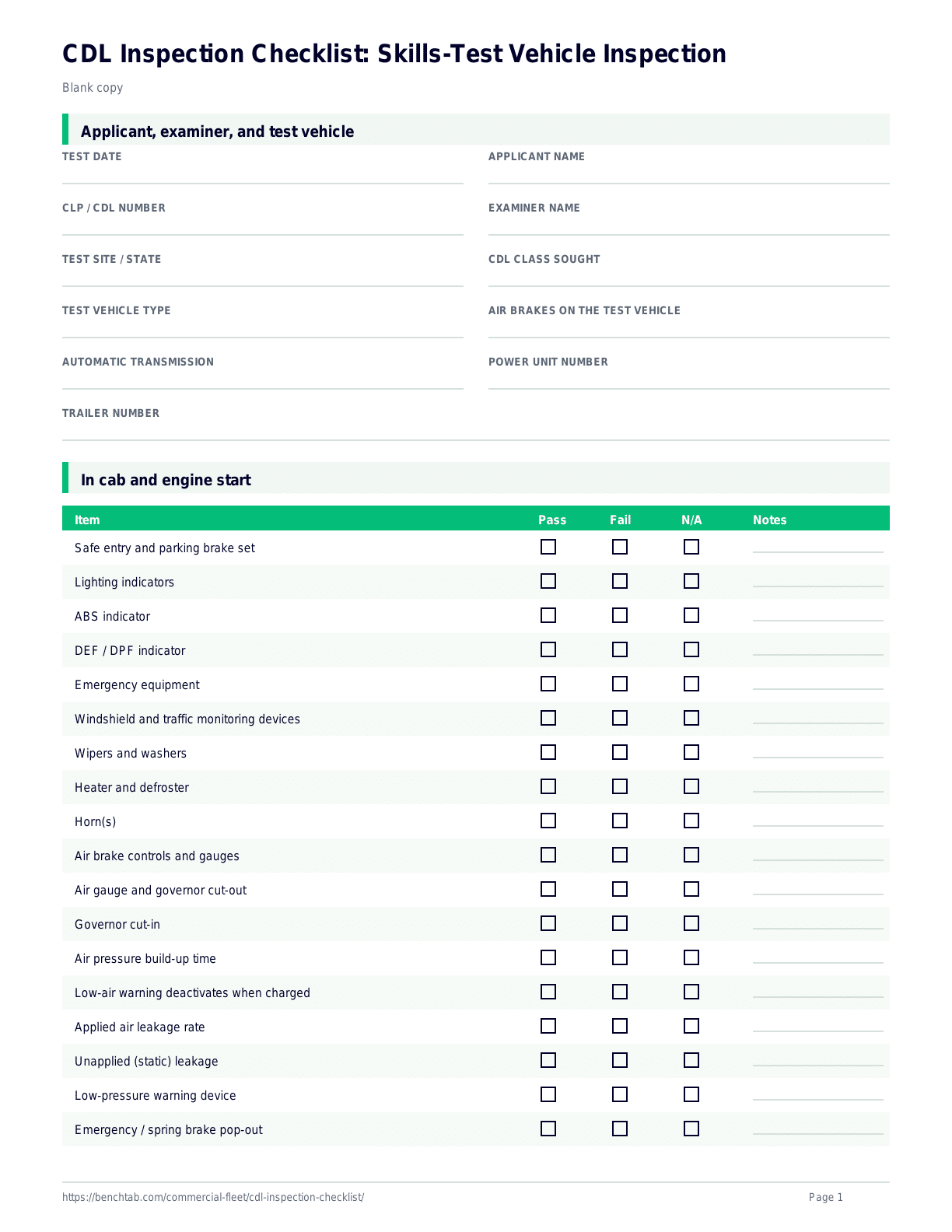 CDL Inspection Checklist: Skills-Test Vehicle Inspection blank checklist