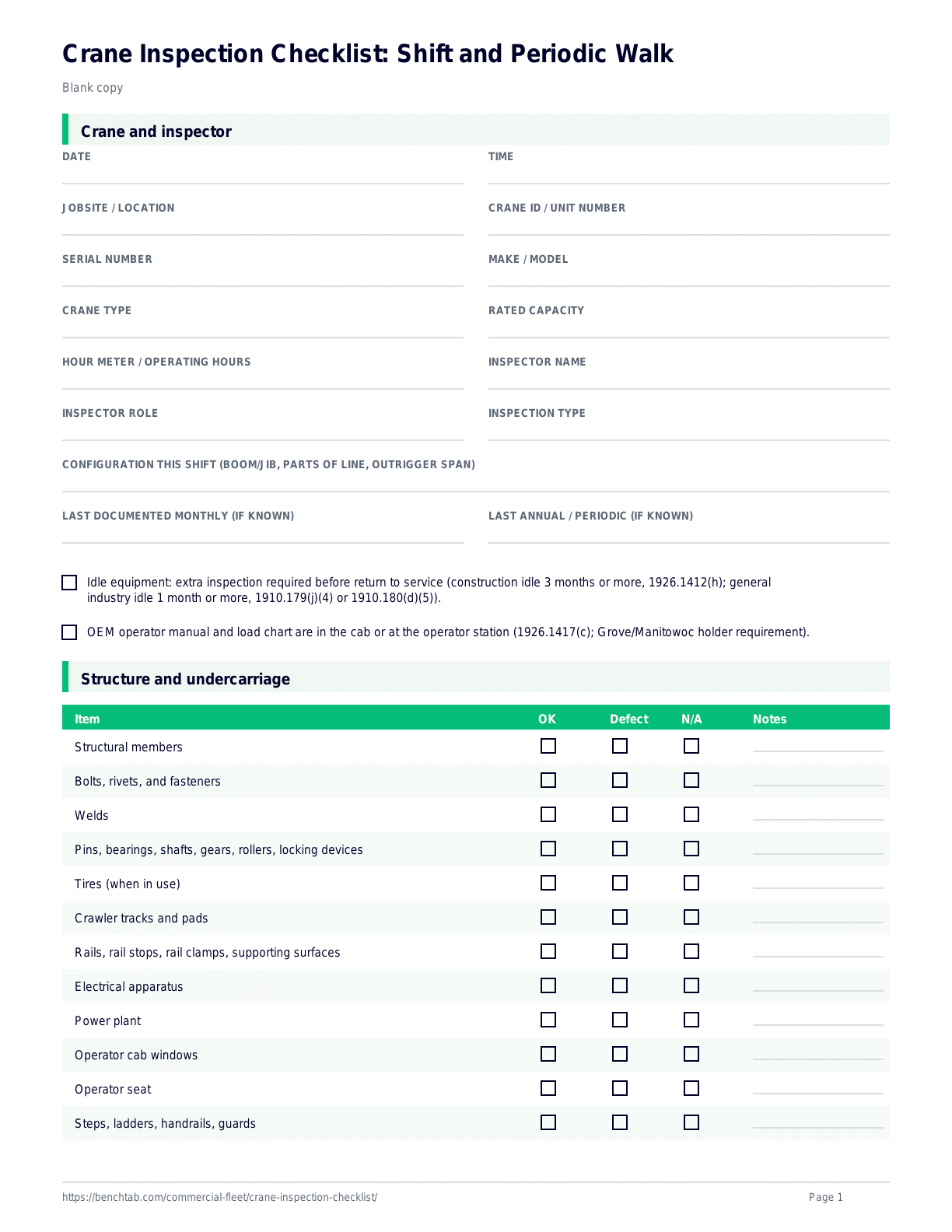 Crane Inspection Checklist: Shift and Periodic Walk blank checklist