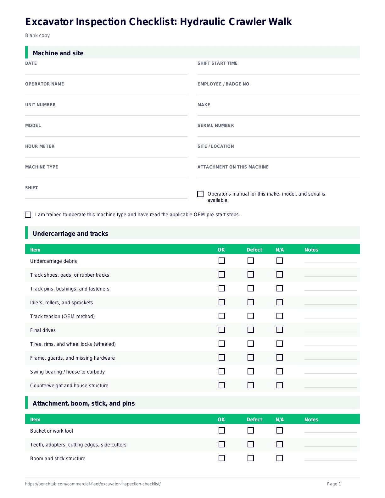 Excavator Inspection Checklist: Hydraulic Crawler Walk blank checklist