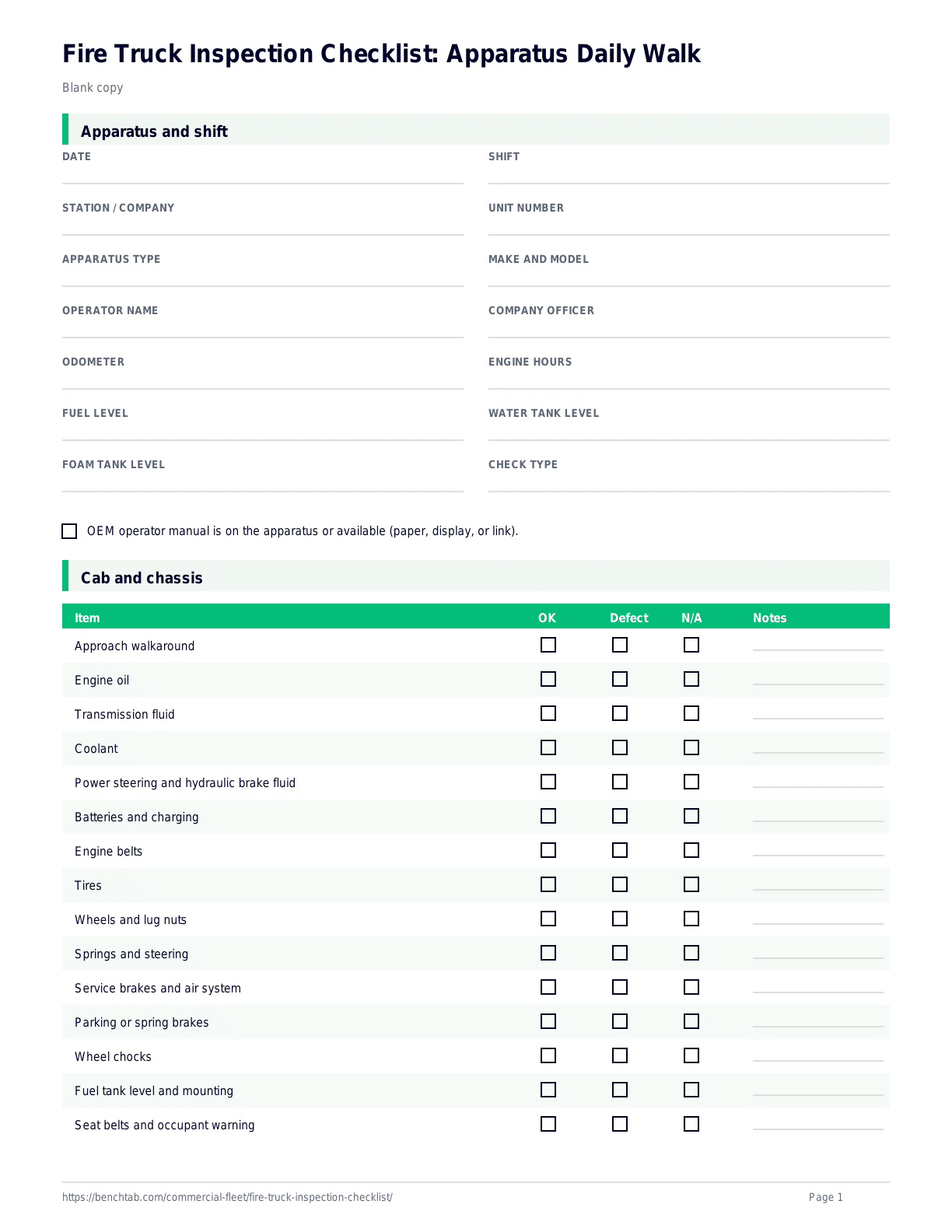 Fire Truck Inspection Checklist: Apparatus Daily Walk blank checklist
