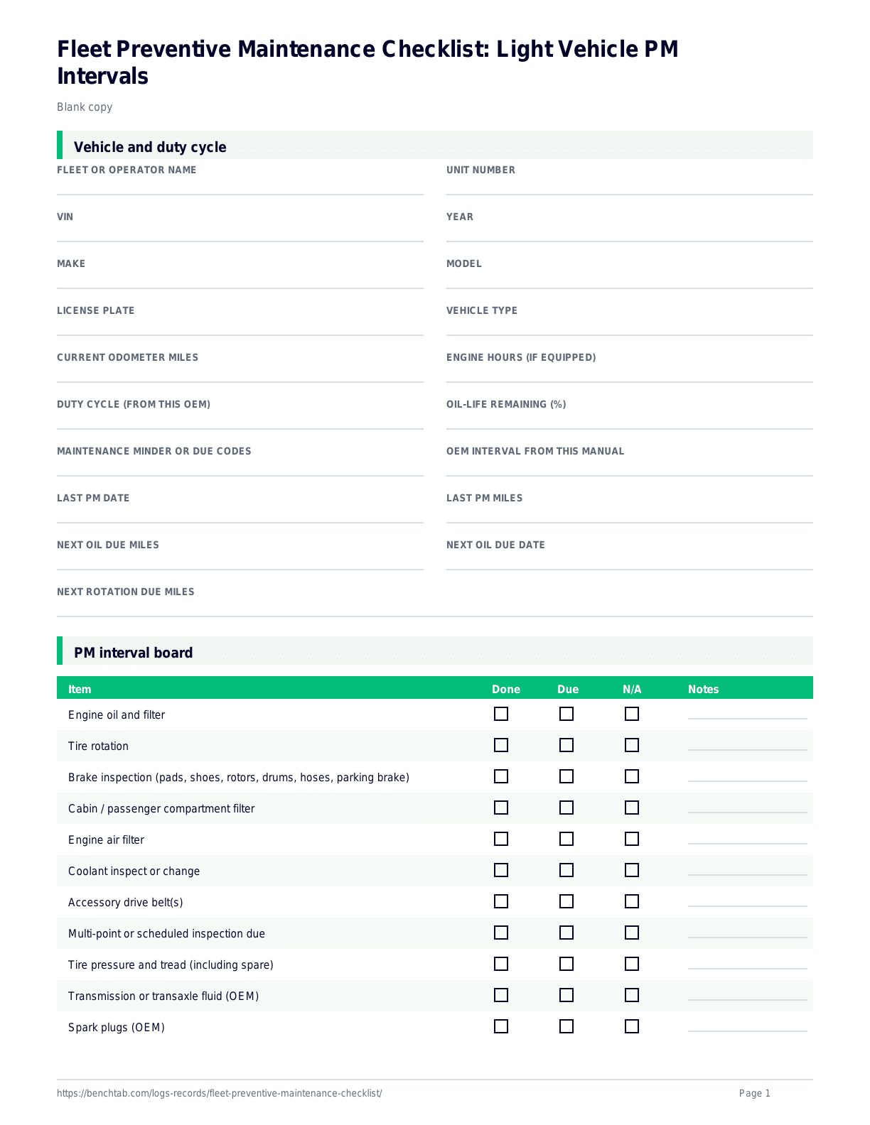 Page-1 preview of the fleet preventive maintenance checklist for light vehicle PM intervals