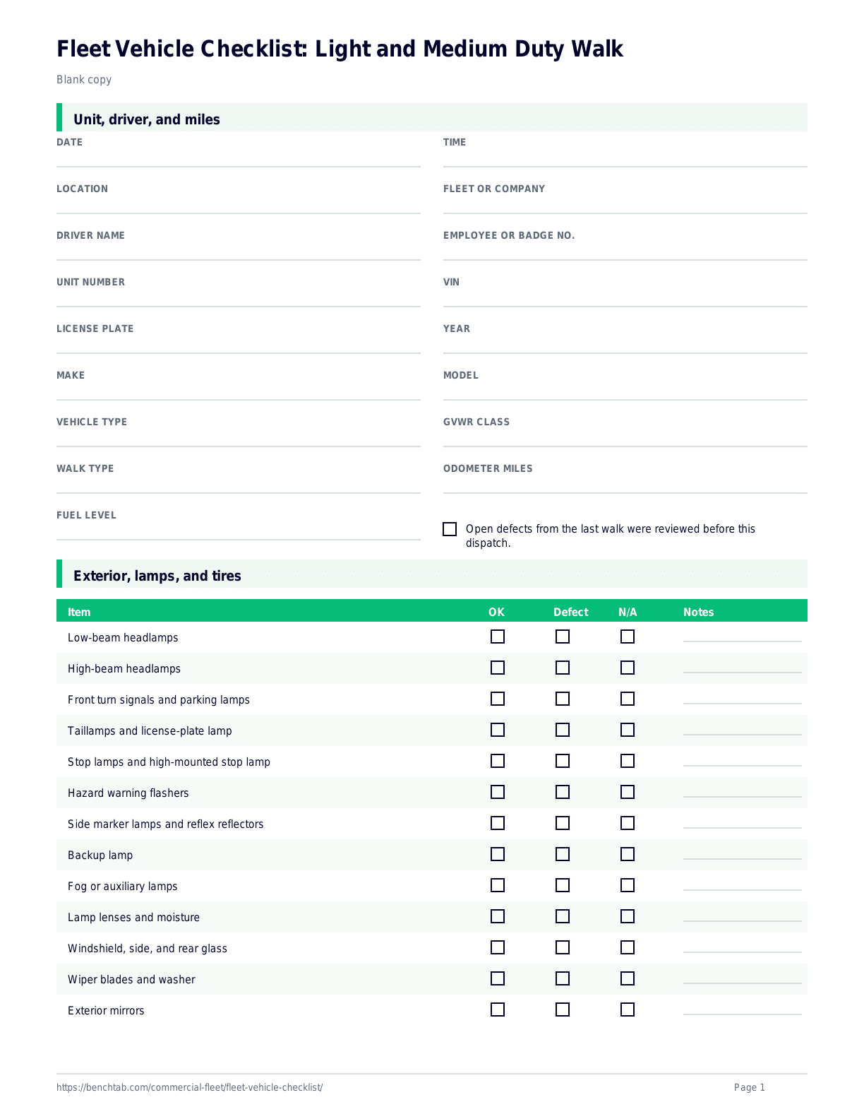 Fleet Vehicle Checklist: Light and Medium Duty Walk blank checklist