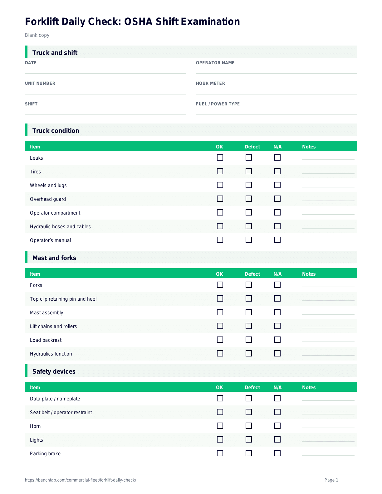 Forklift Daily Check: OSHA Shift Examination blank checklist