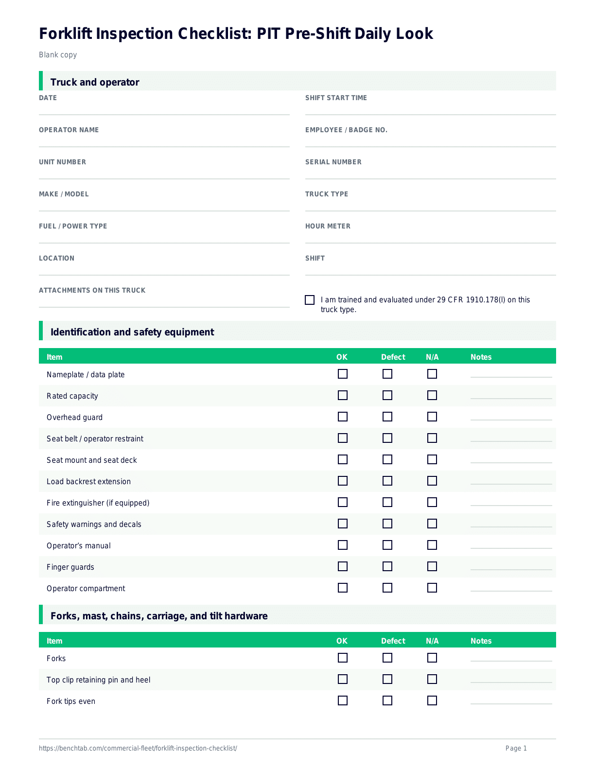 Forklift Inspection Checklist: PIT Pre-Shift Daily Look blank checklist