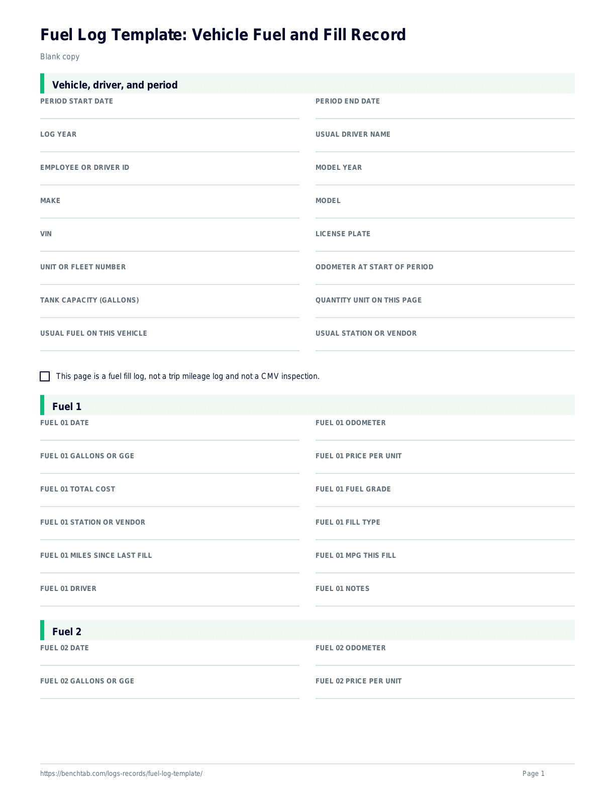 Fuel Log Template: Vehicle Fuel and Fill Record blank checklist