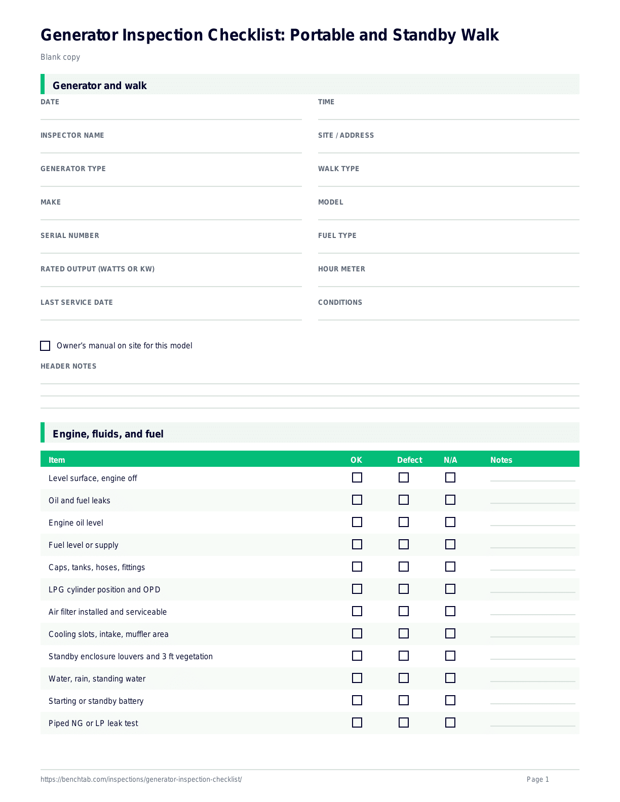 Blank portable and home standby generator inspection checklist printable first page