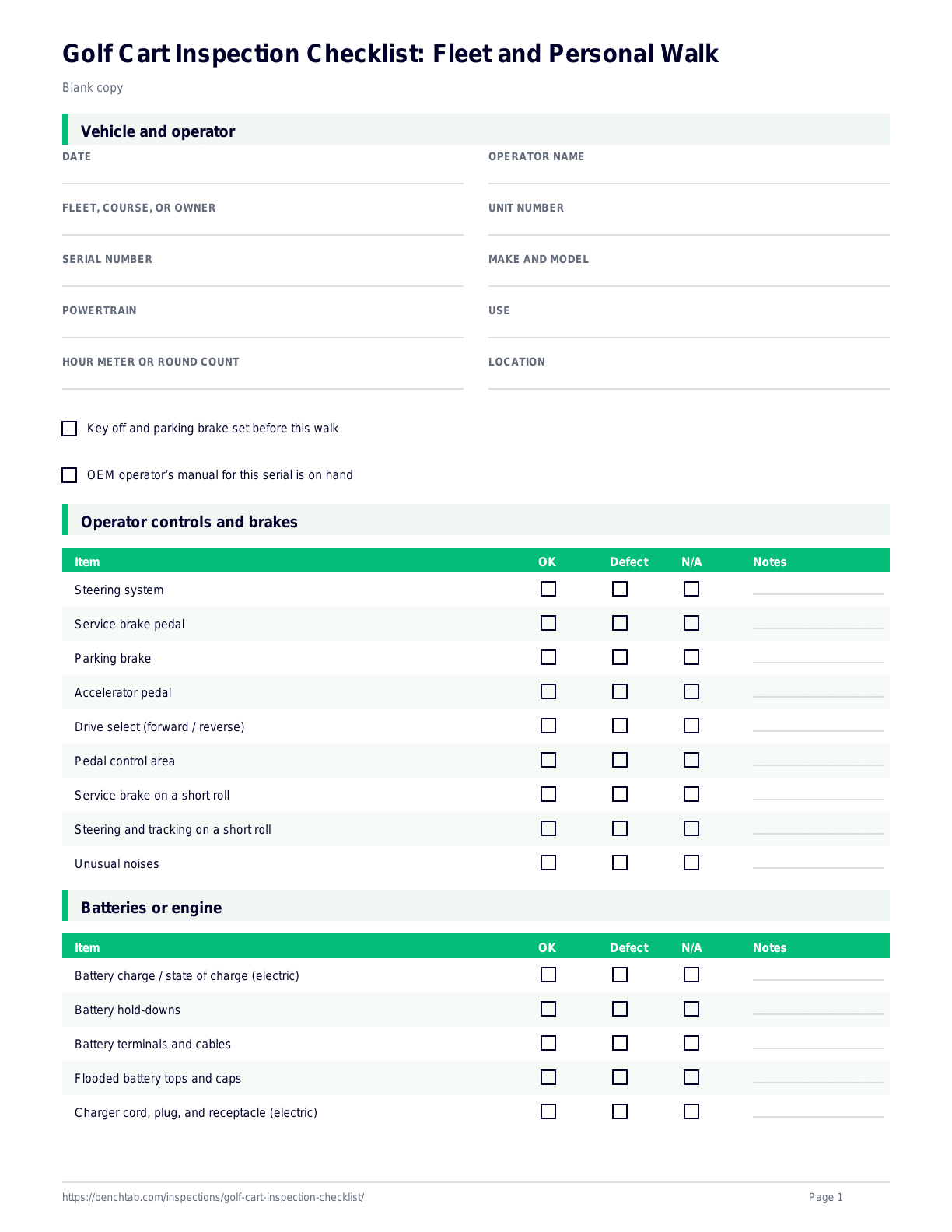 Golf Cart Inspection Checklist: Fleet and Personal Walk blank checklist