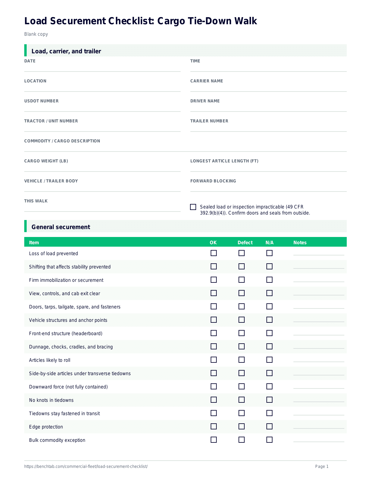 Load Securement Checklist: Cargo Tie-Down Walk blank checklist