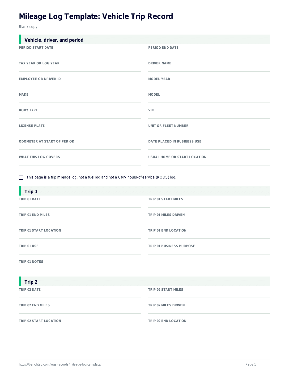 Mileage Log Template: Vehicle Trip Record blank checklist