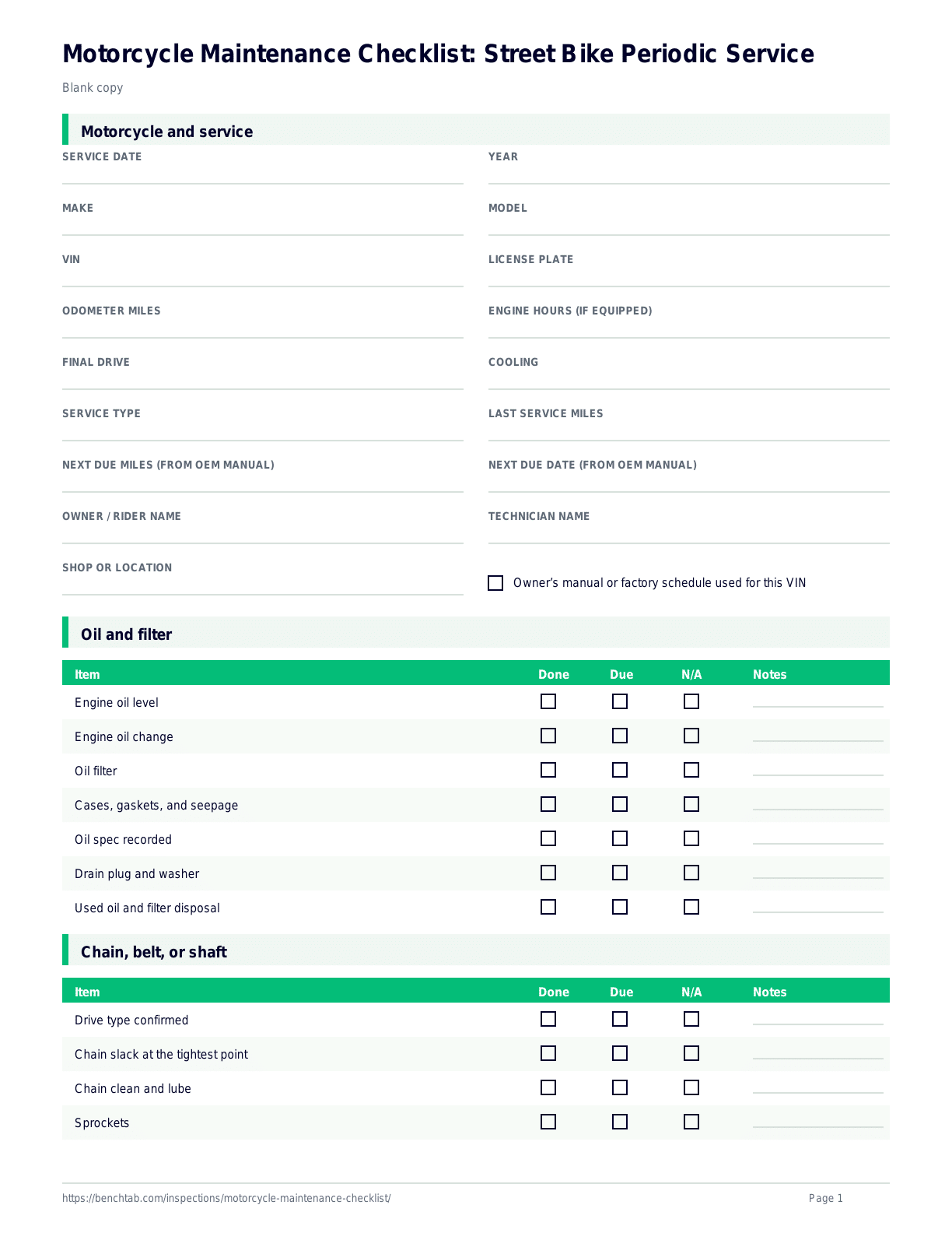 Motorcycle Maintenance Checklist: Street Bike Periodic Service blank checklist
