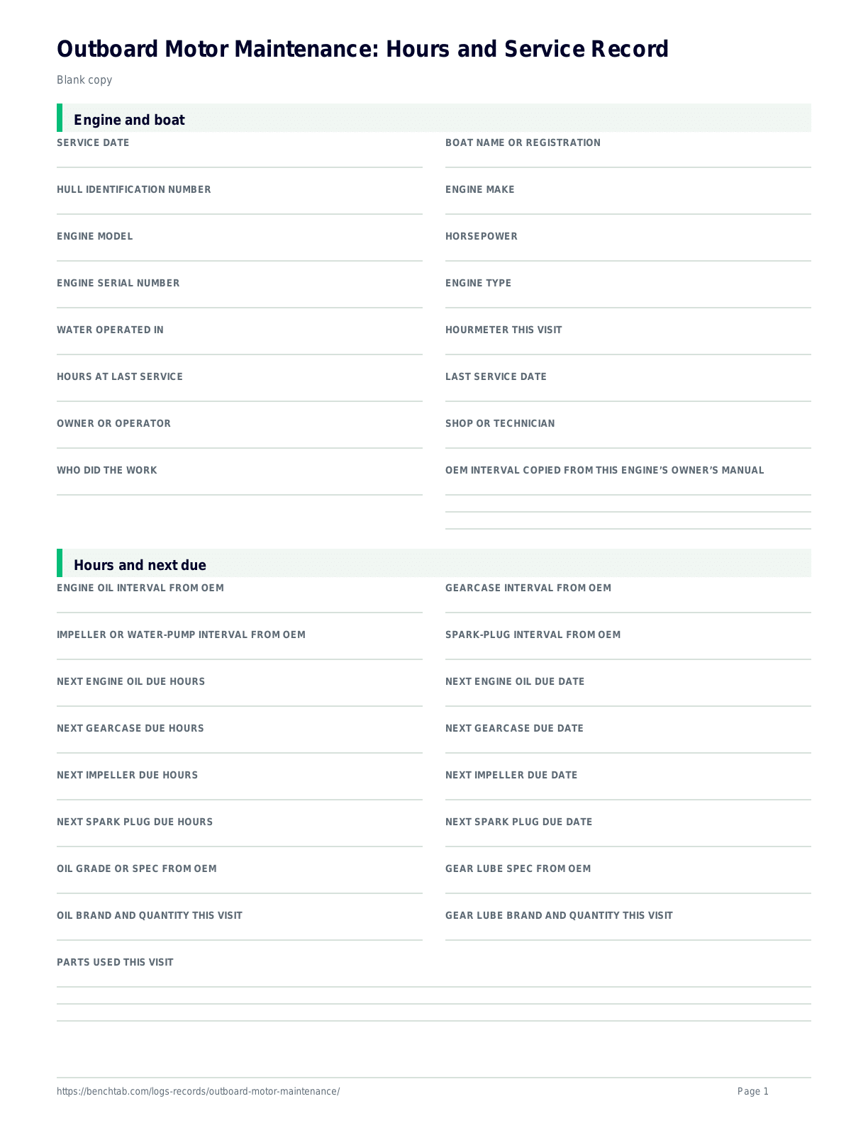 Outboard Motor Maintenance: Hours and Service Record blank checklist