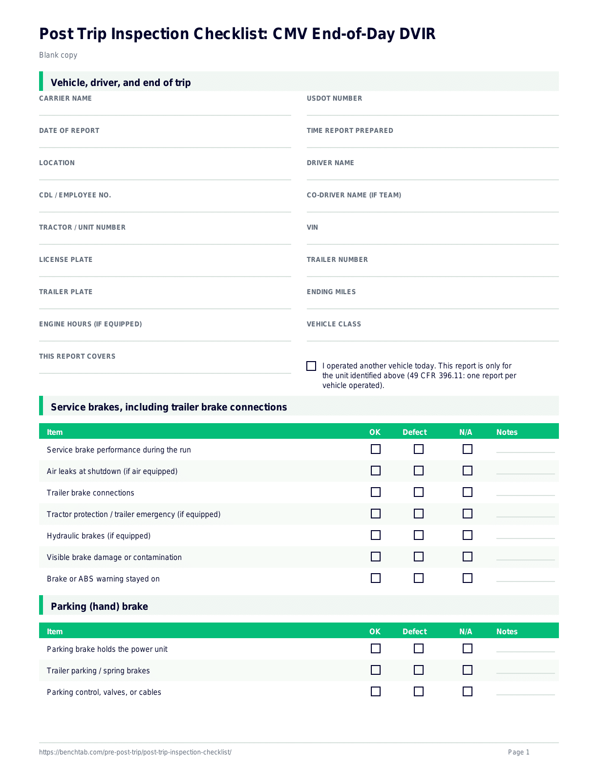 Post Trip Inspection Checklist: CMV End-of-Day DVIR blank checklist