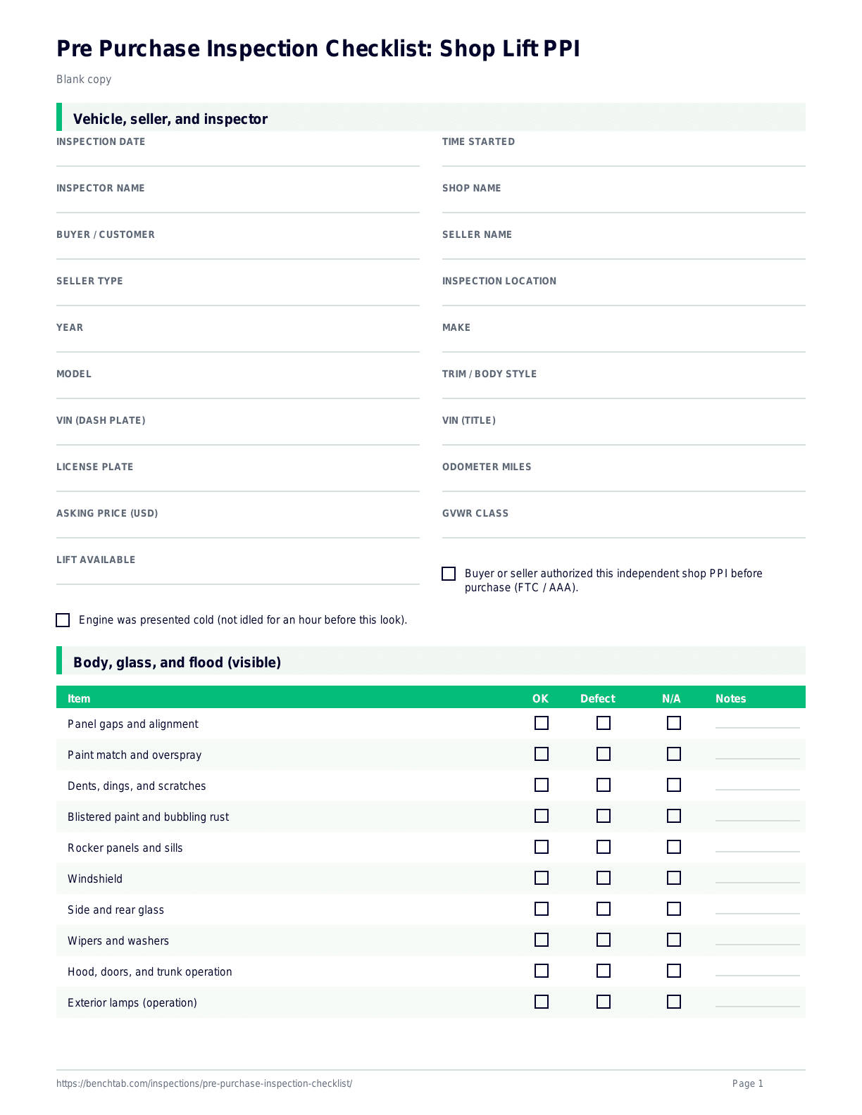 Pre Purchase Inspection Checklist: Shop Lift PPI blank checklist