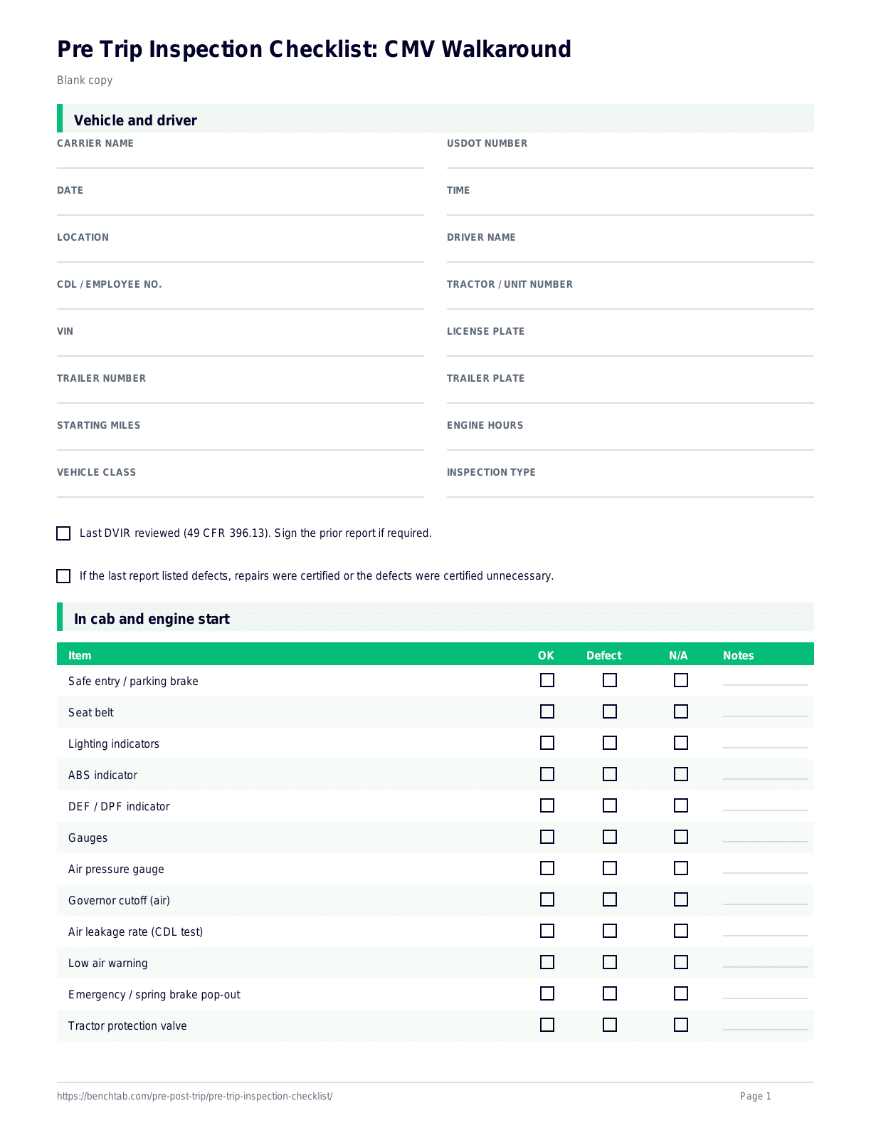 Pre Trip Inspection Checklist: CMV Walkaround blank checklist