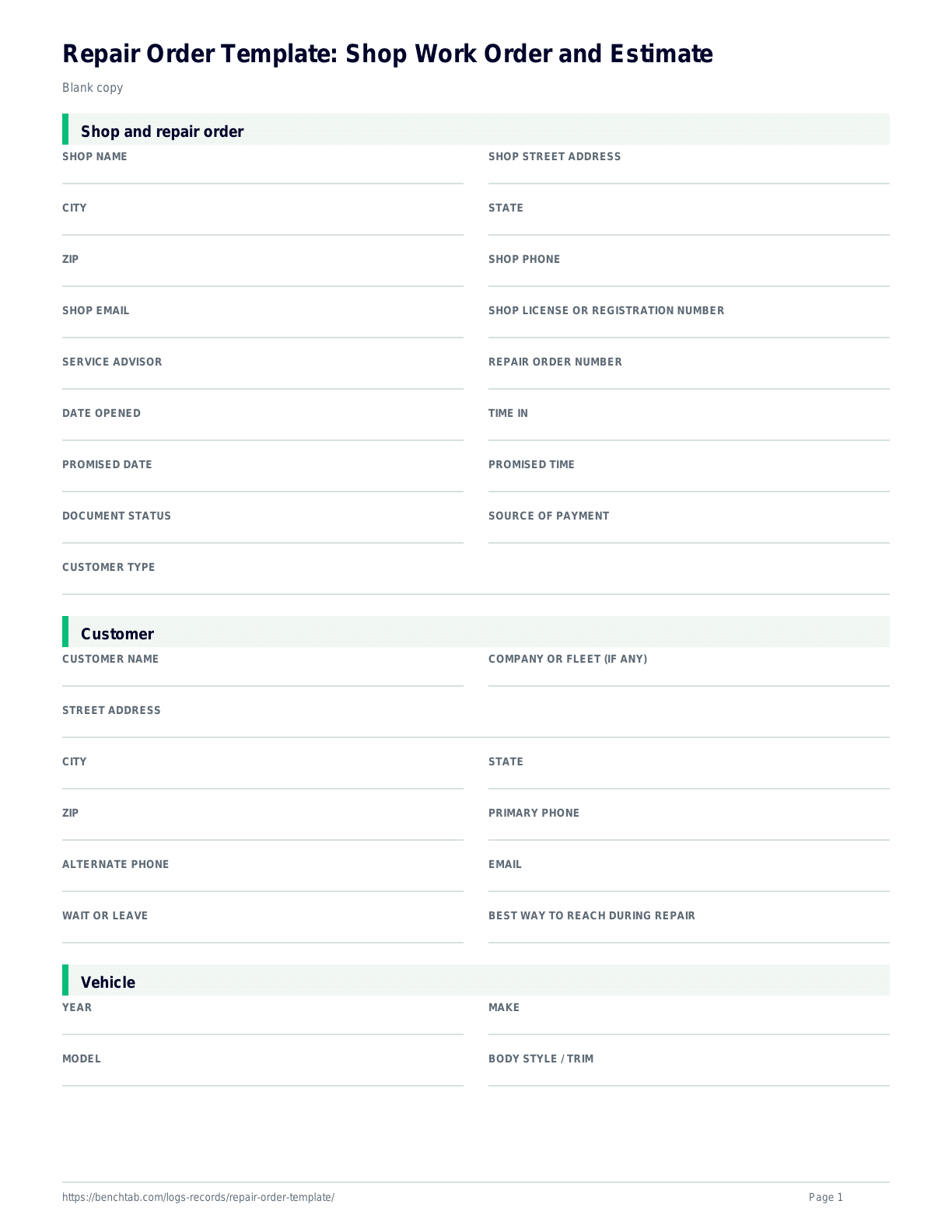 Repair Order Template: Shop Work Order and Estimate blank checklist