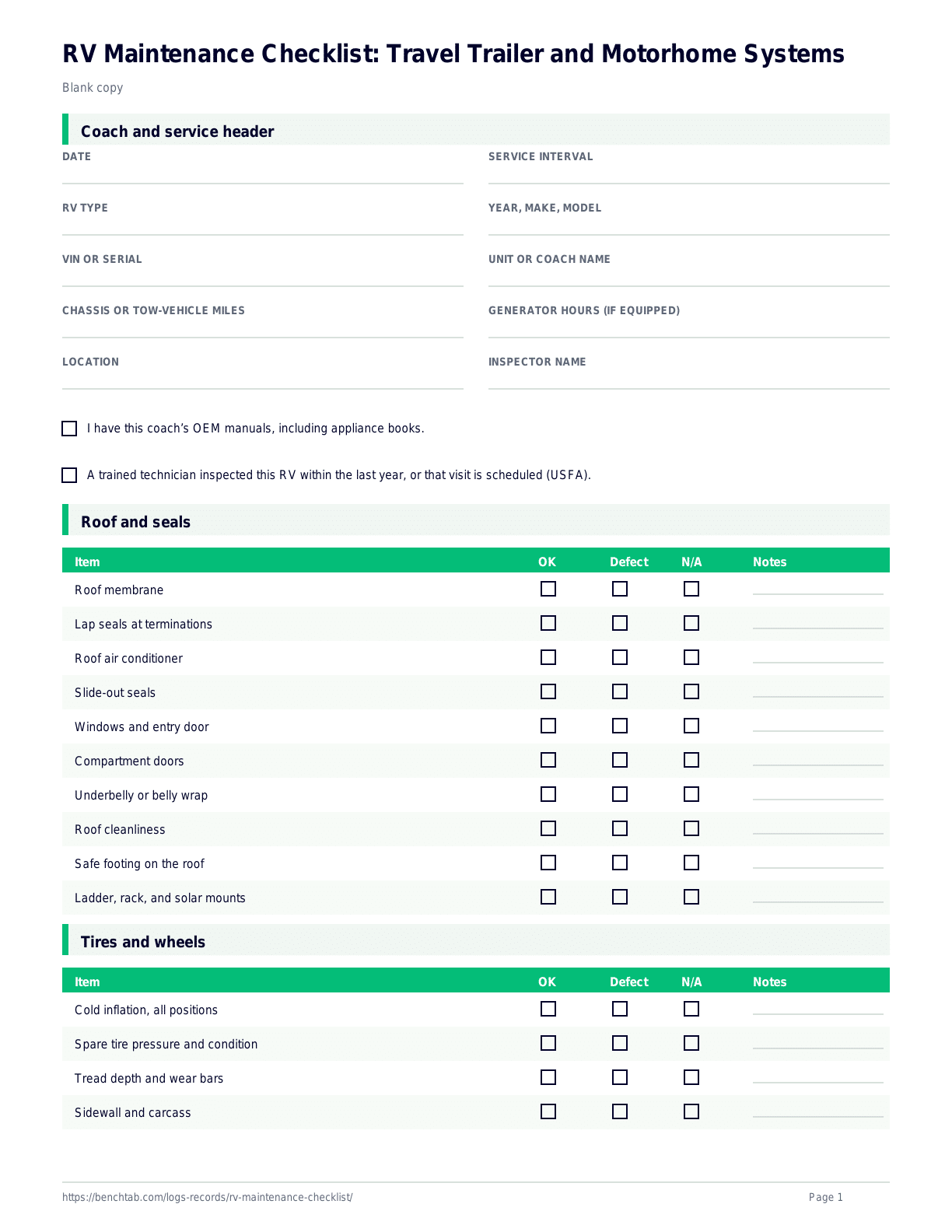 RV Maintenance Checklist: Travel Trailer and Motorhome Systems blank checklist
