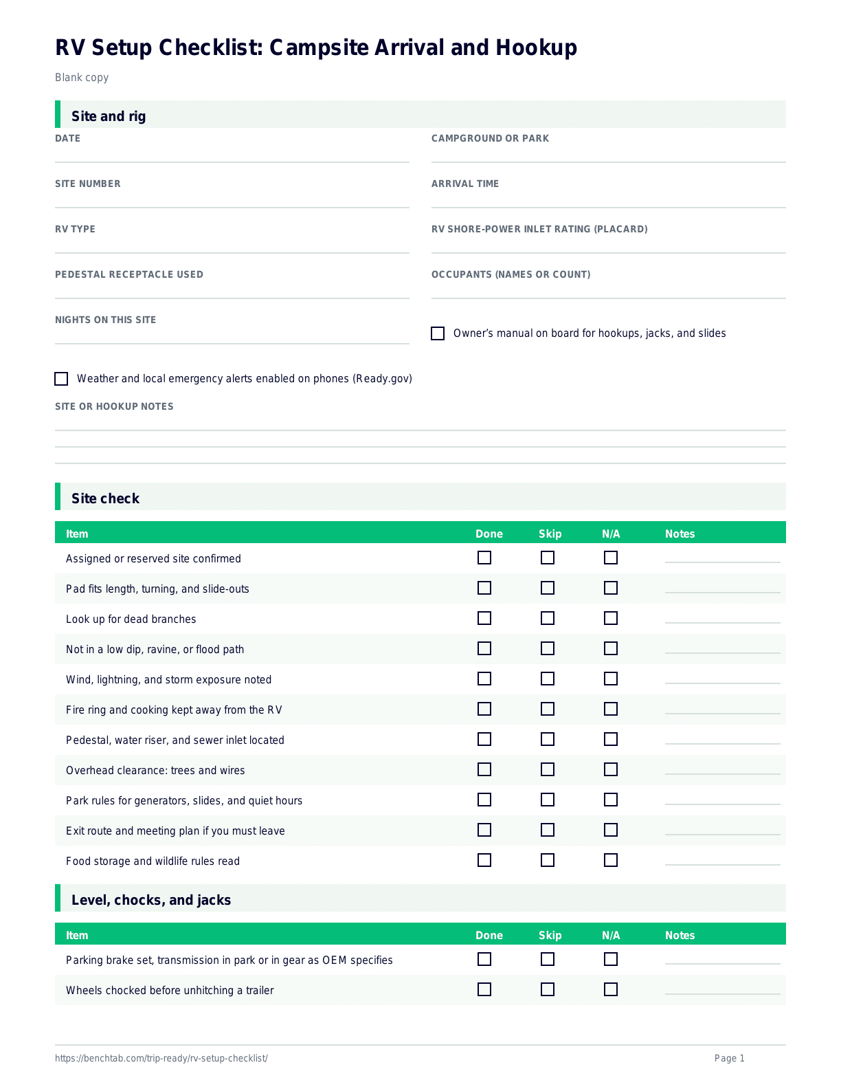 RV Setup Checklist: Campsite Arrival and Hookup blank checklist