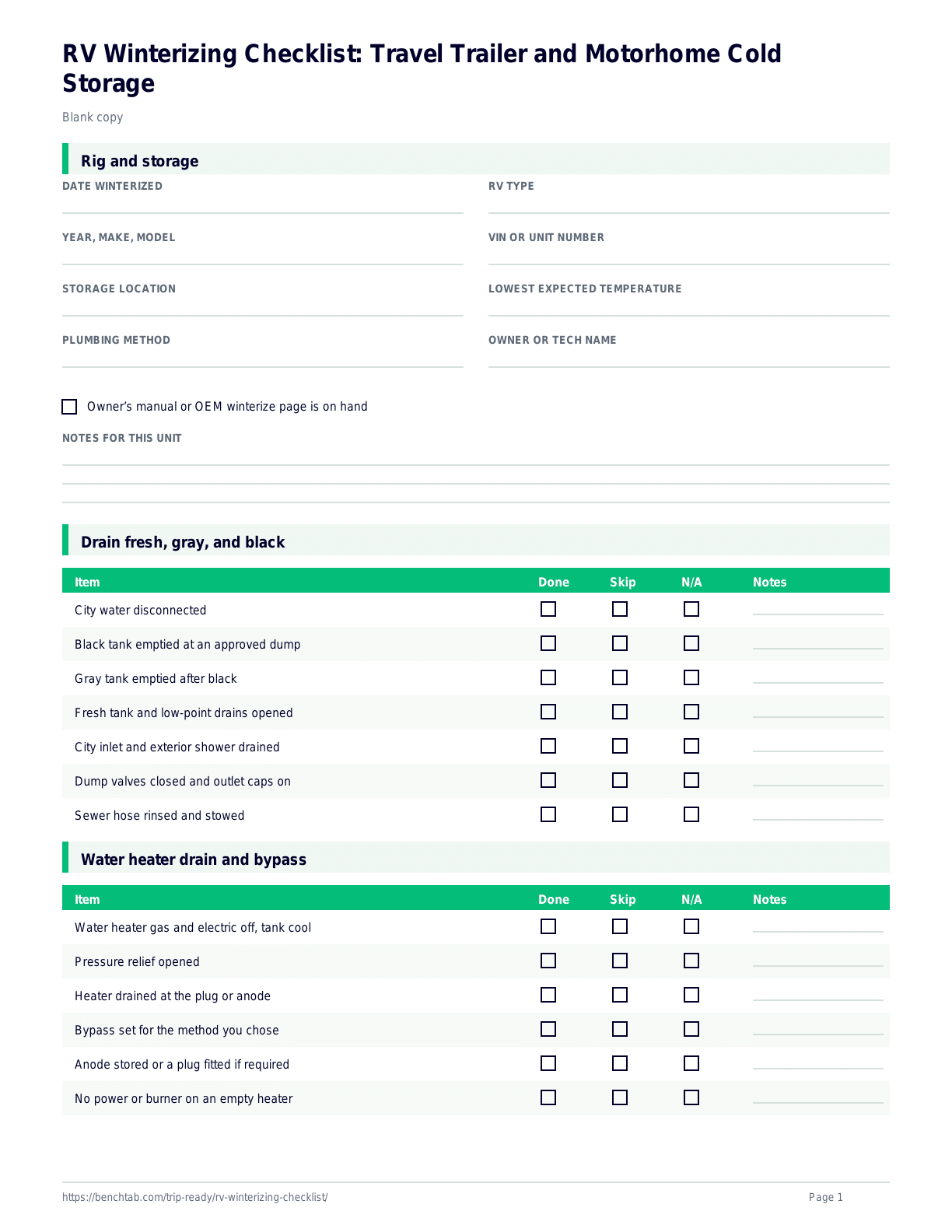 RV Winterizing Checklist: Travel Trailer and Motorhome Cold Storage blank checklist