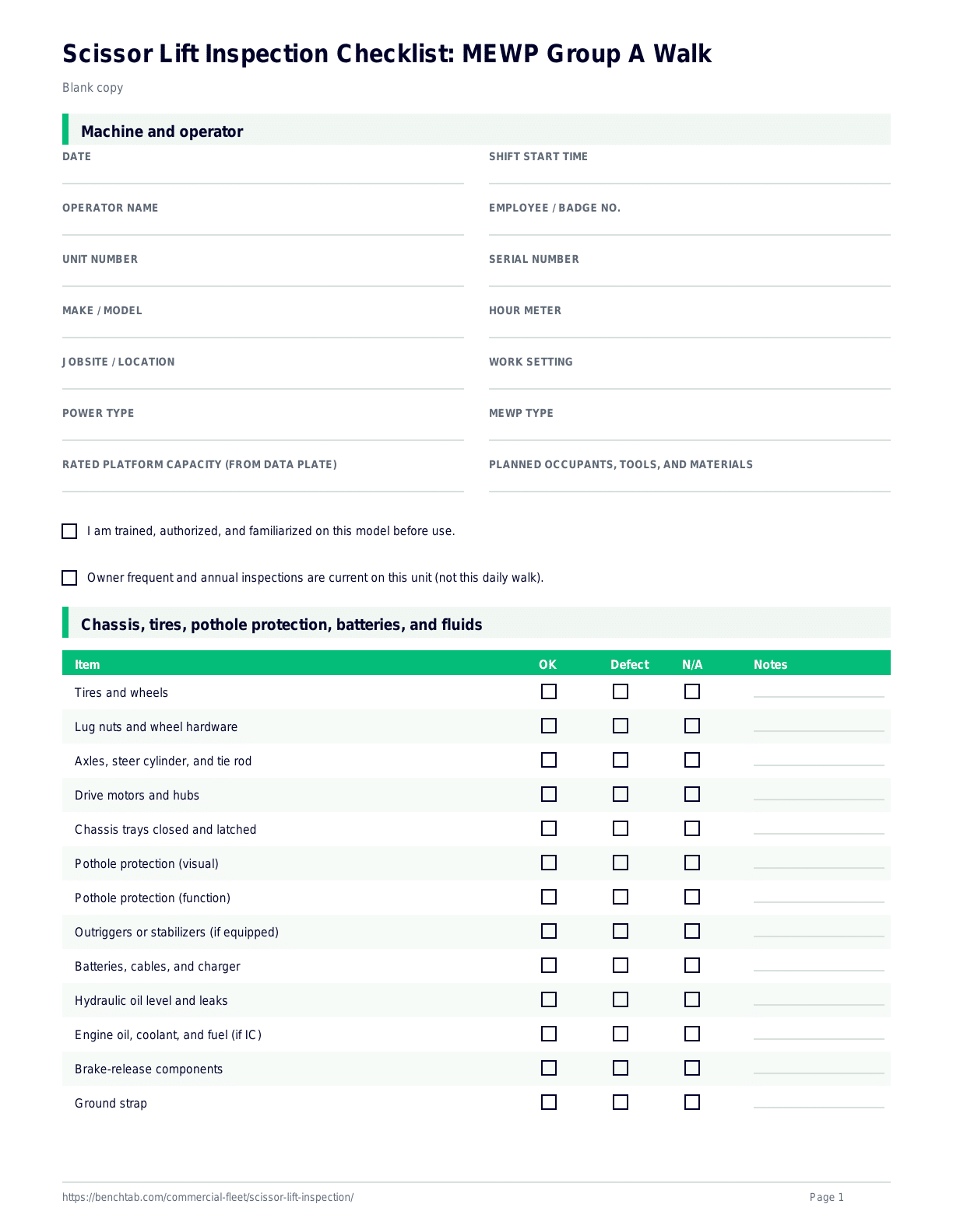 Scissor Lift Inspection Checklist: MEWP Group A Walk blank checklist
