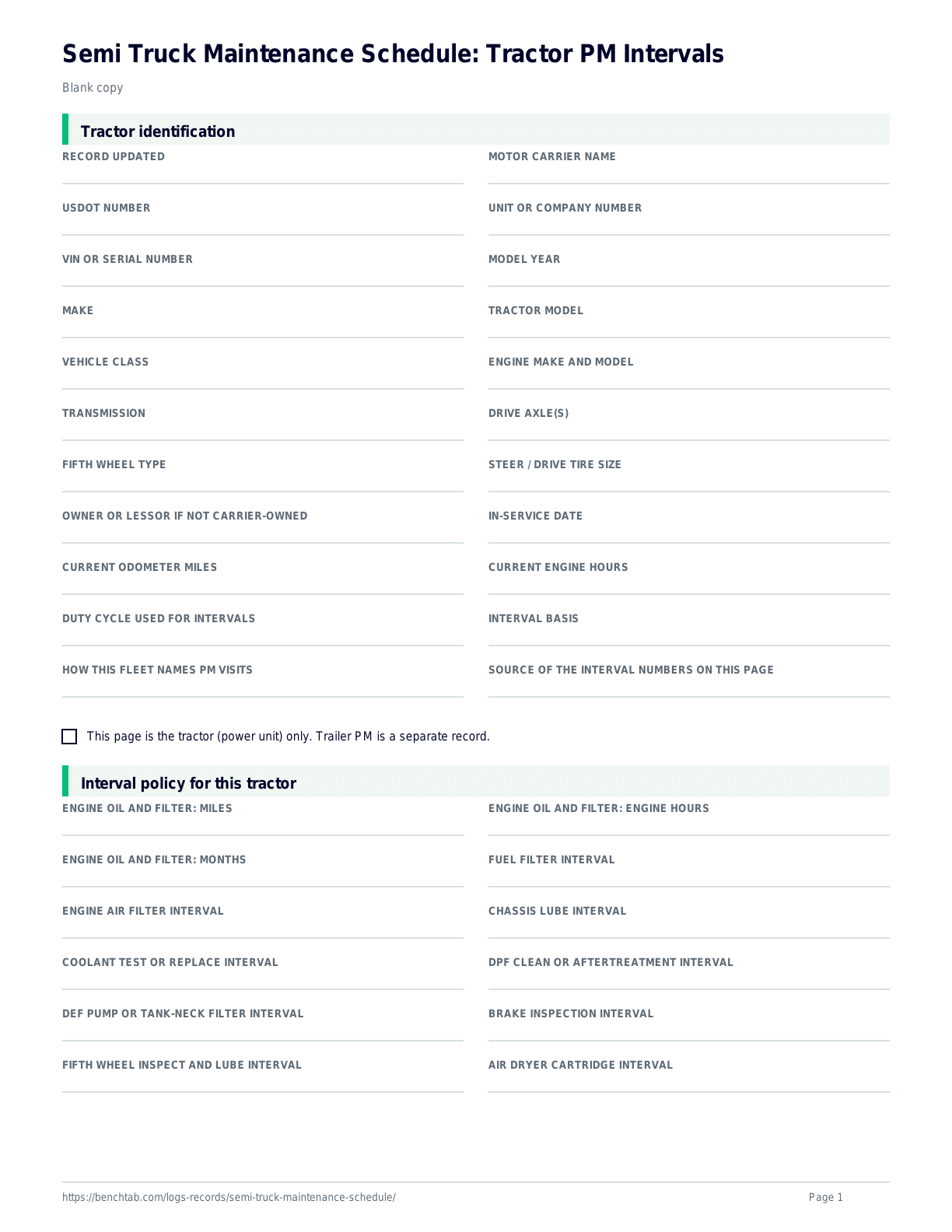 Semi Truck Maintenance Schedule: Tractor PM Intervals blank checklist