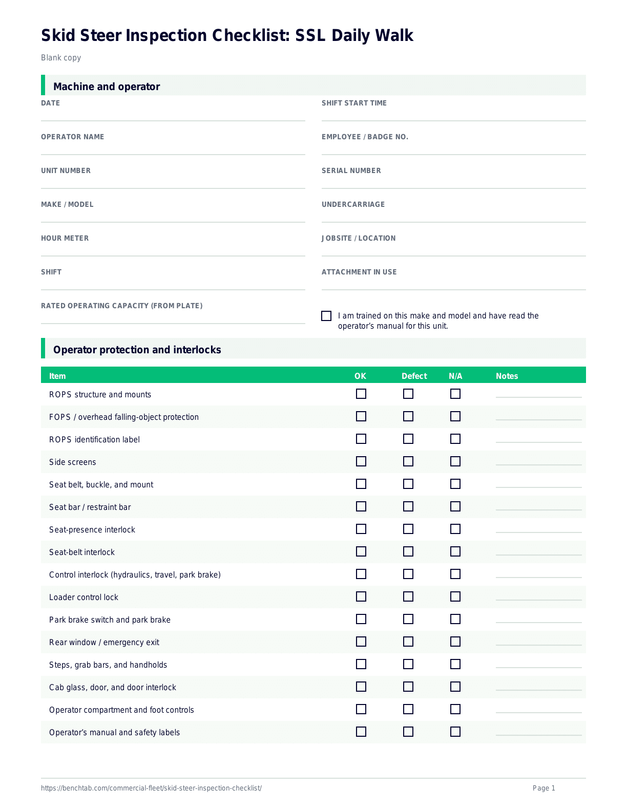 Skid Steer Inspection Checklist: SSL Daily Walk blank checklist