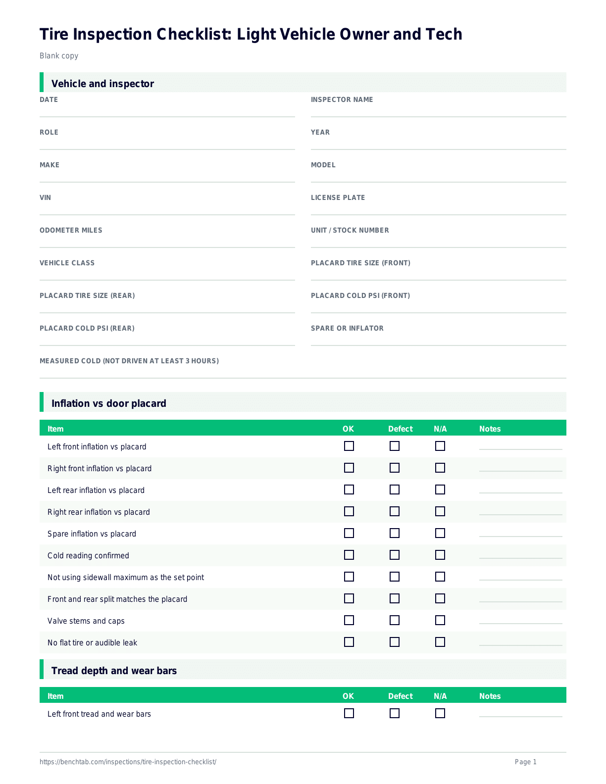 Tire Inspection Checklist: Light Vehicle Owner and Tech blank checklist