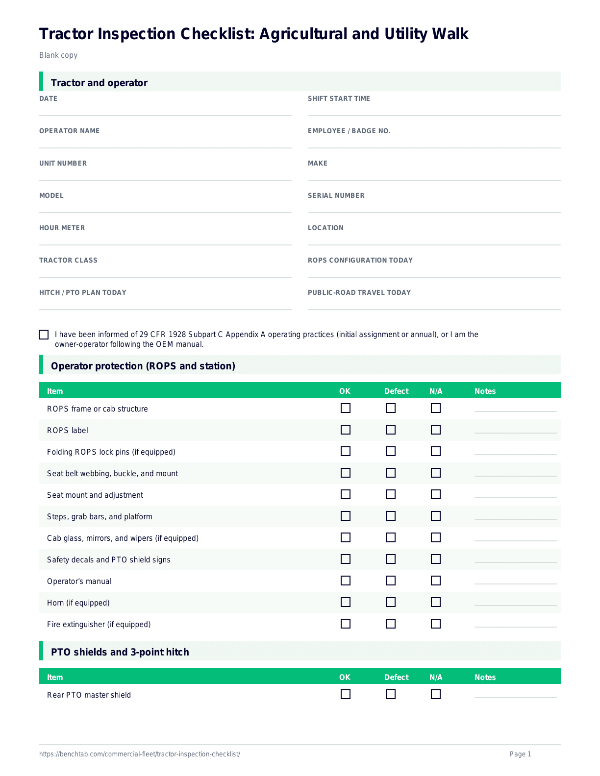 Agricultural tractor inspection checklist blank form covering ROPS, seat belt, PTO shield, 3-point hitch, hydraulics, tires, lights, SMV emblem, and brakes