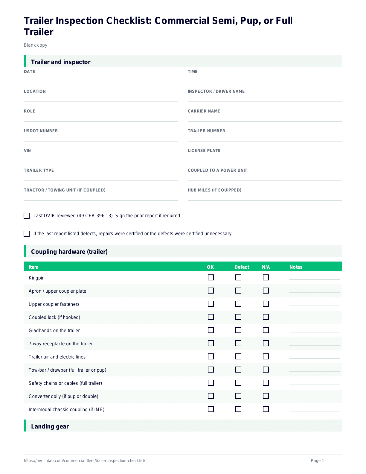 Trailer Inspection Checklist: Commercial Semi, Pup, or Full Trailer blank checklist