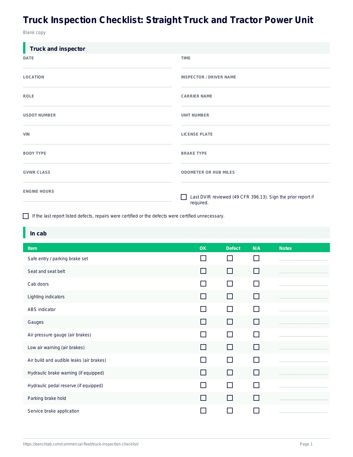Truck Inspection Checklist: Straight Truck and Tractor Power Unit blank checklist