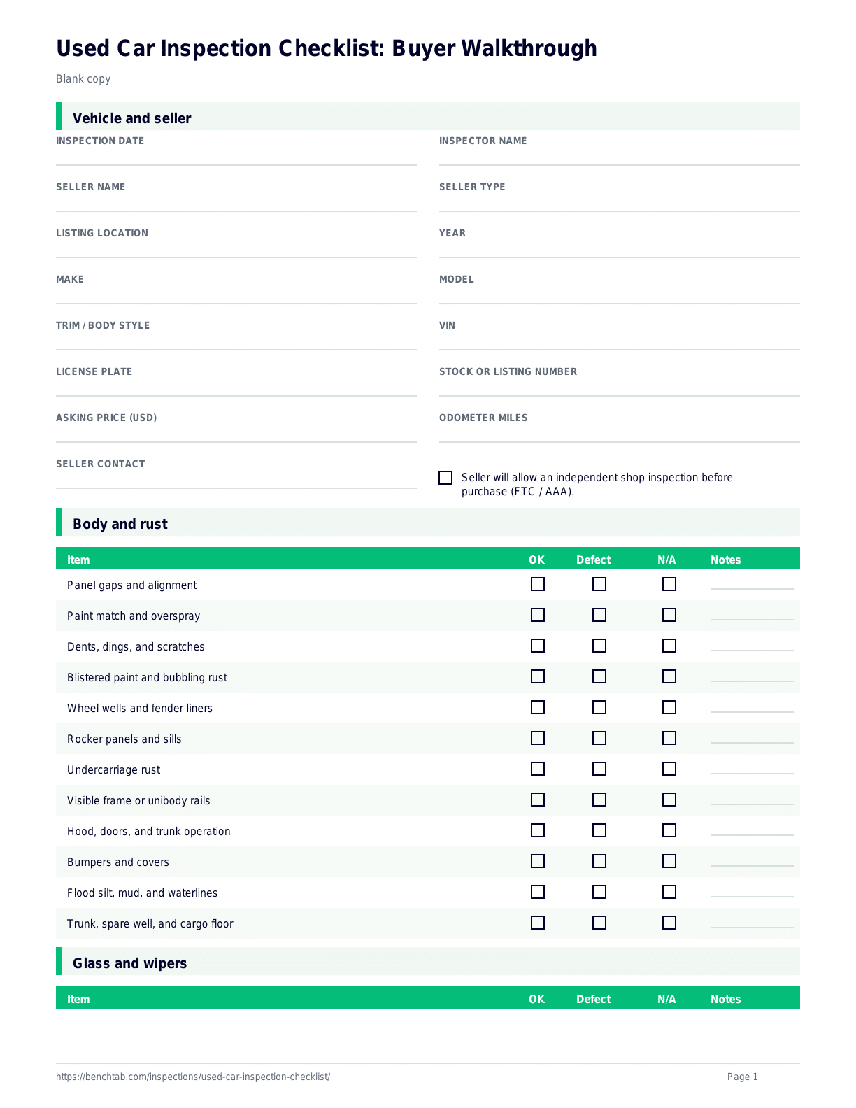 Used Car Inspection Checklist: Buyer Walkthrough blank checklist