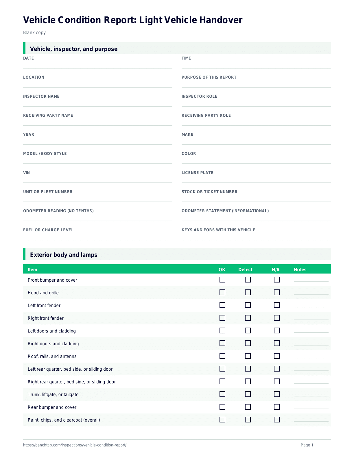 Vehicle Condition Report: Light Vehicle Handover blank checklist