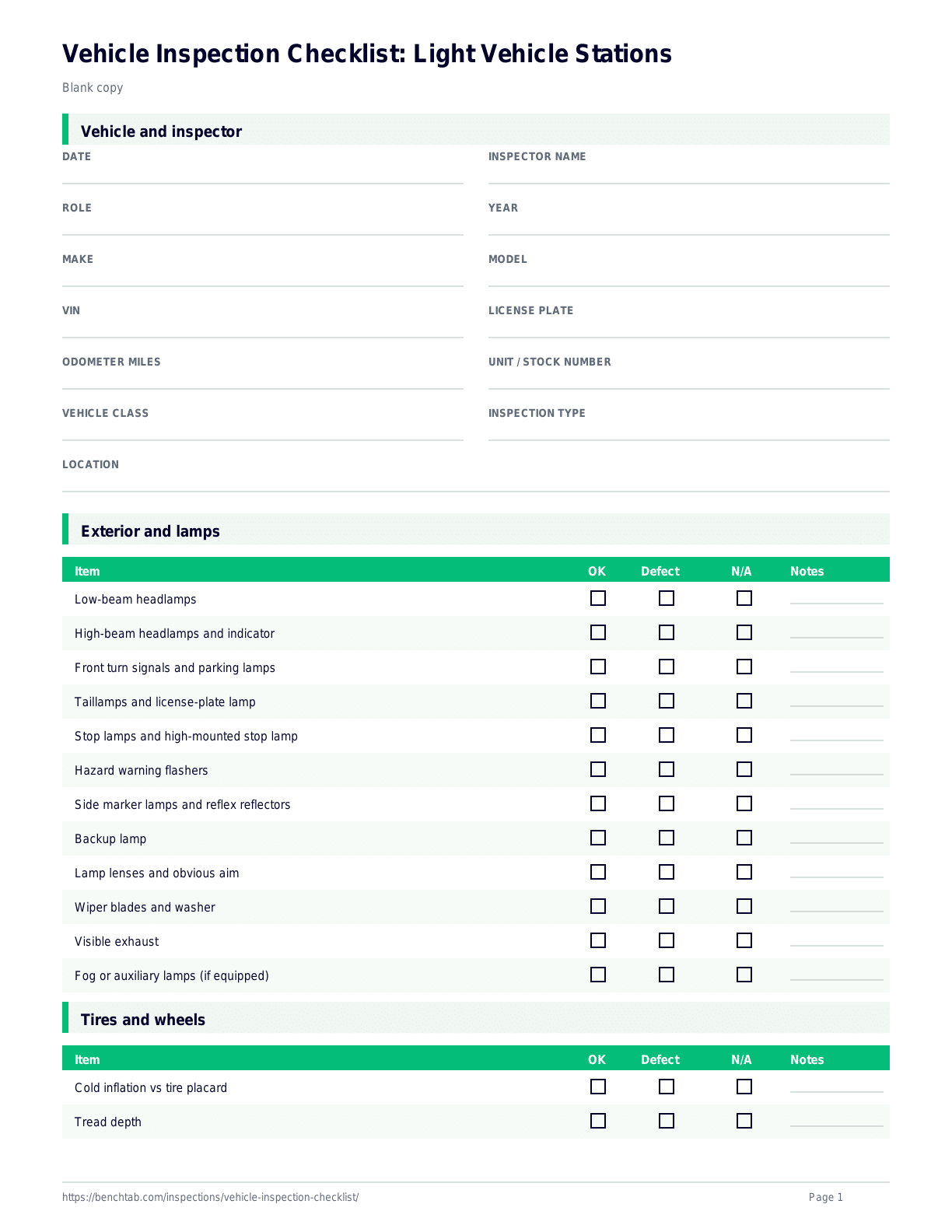 Vehicle Inspection Checklist: Light Vehicle Stations blank checklist