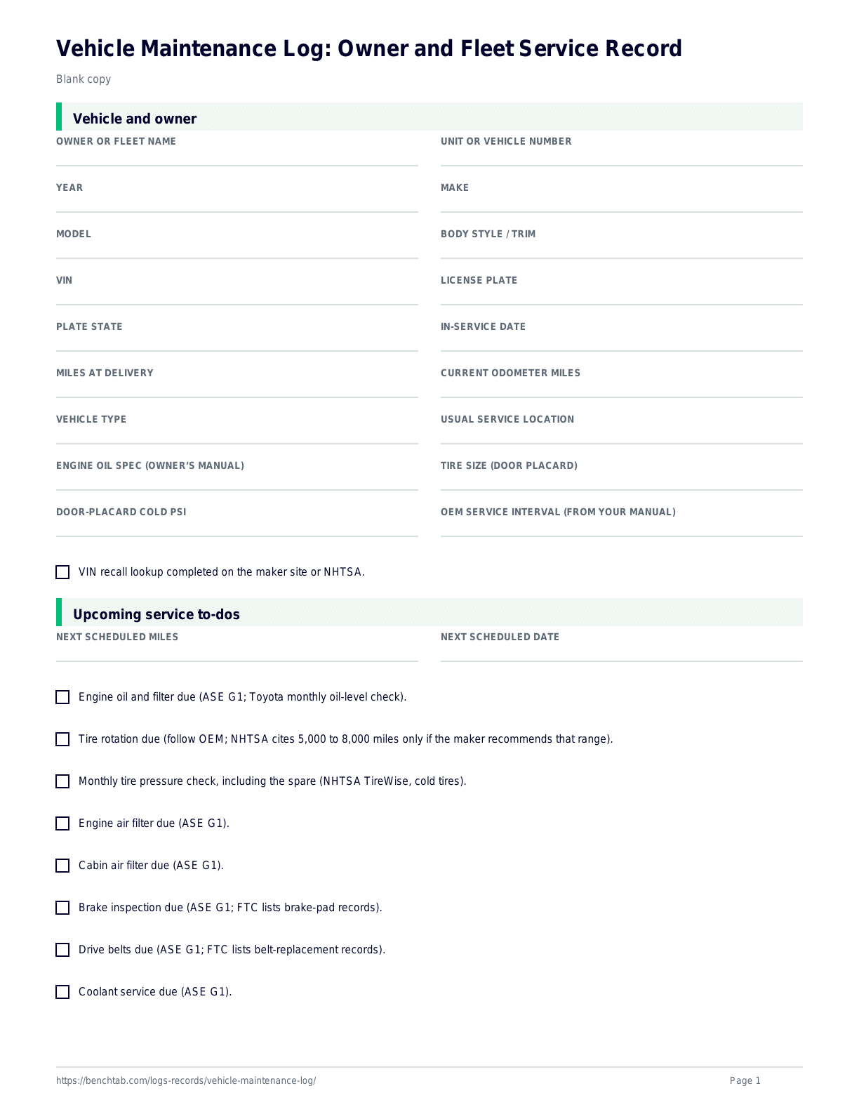 Vehicle Maintenance Log: Owner and Fleet Service Record blank checklist